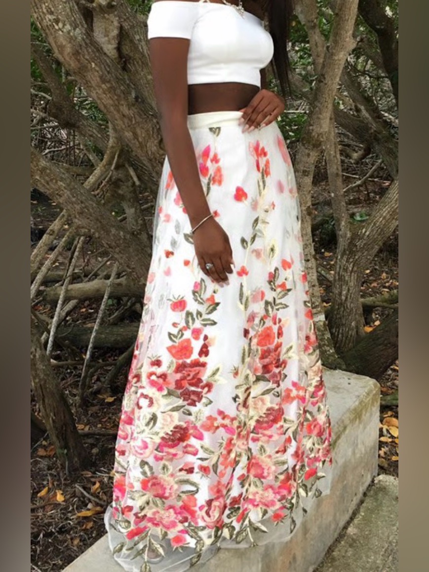 Trixxi White Crop Top & Floral Embroidered Tulle Skirt Set